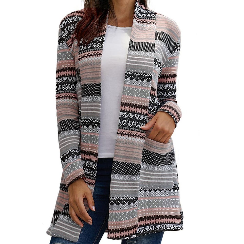 GRAY PINK BLACK WHITE MULTI PRINT ELBOW PATCH CARDIGAN SIZE 2XL 18-20